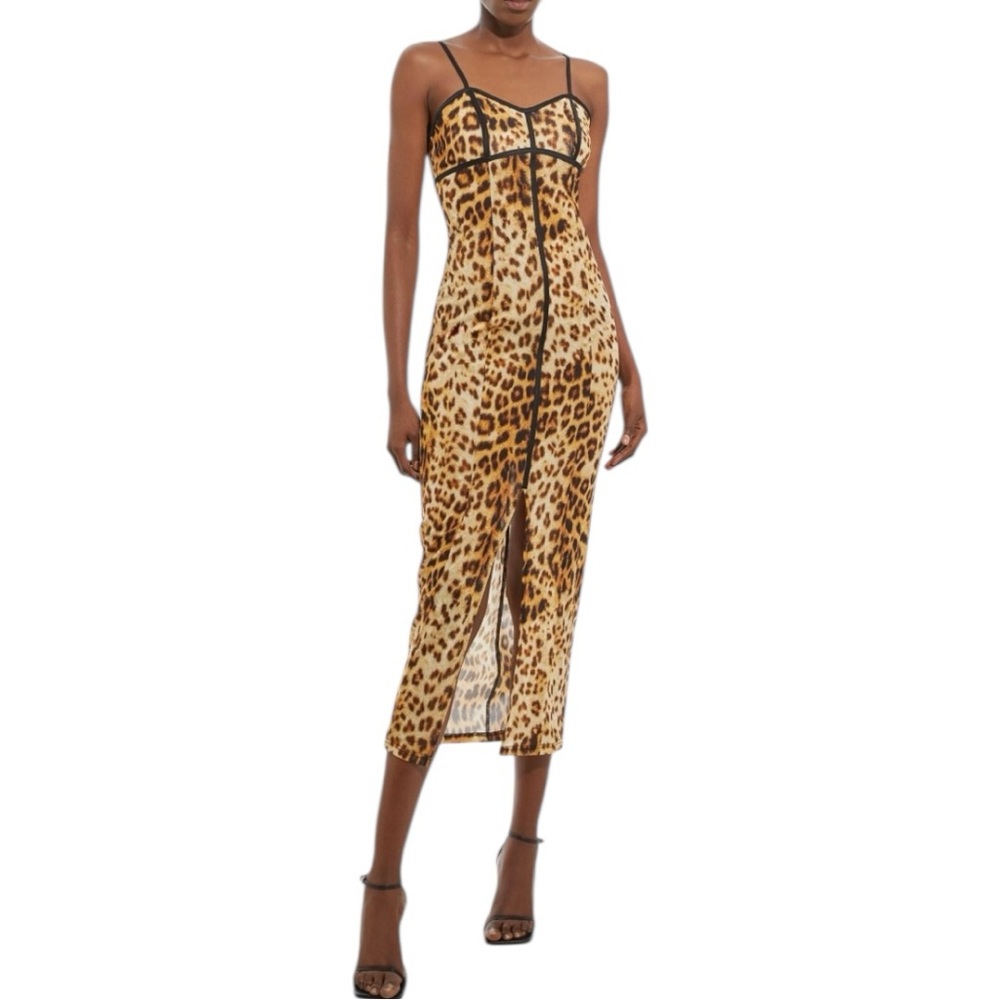 Karen Millen Power Mesh Jersey Maxi Dress in Leopard size XS Adjustable Straps